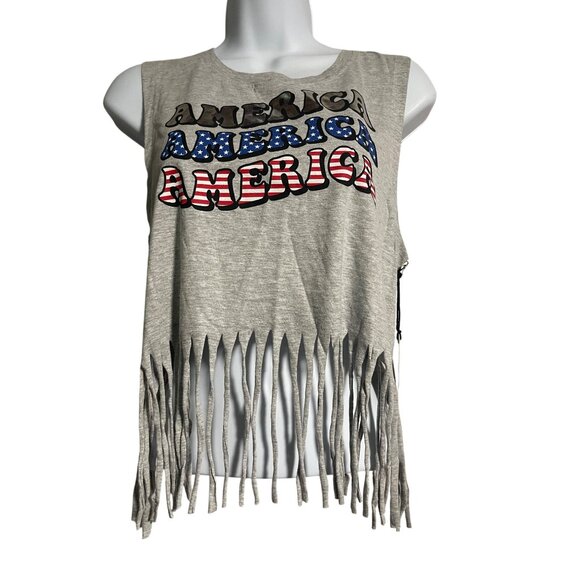 Love Peace & Lazy Days American Flag Gray Fringe Crop Top Womens Large Festival - Picture 1 of 8
